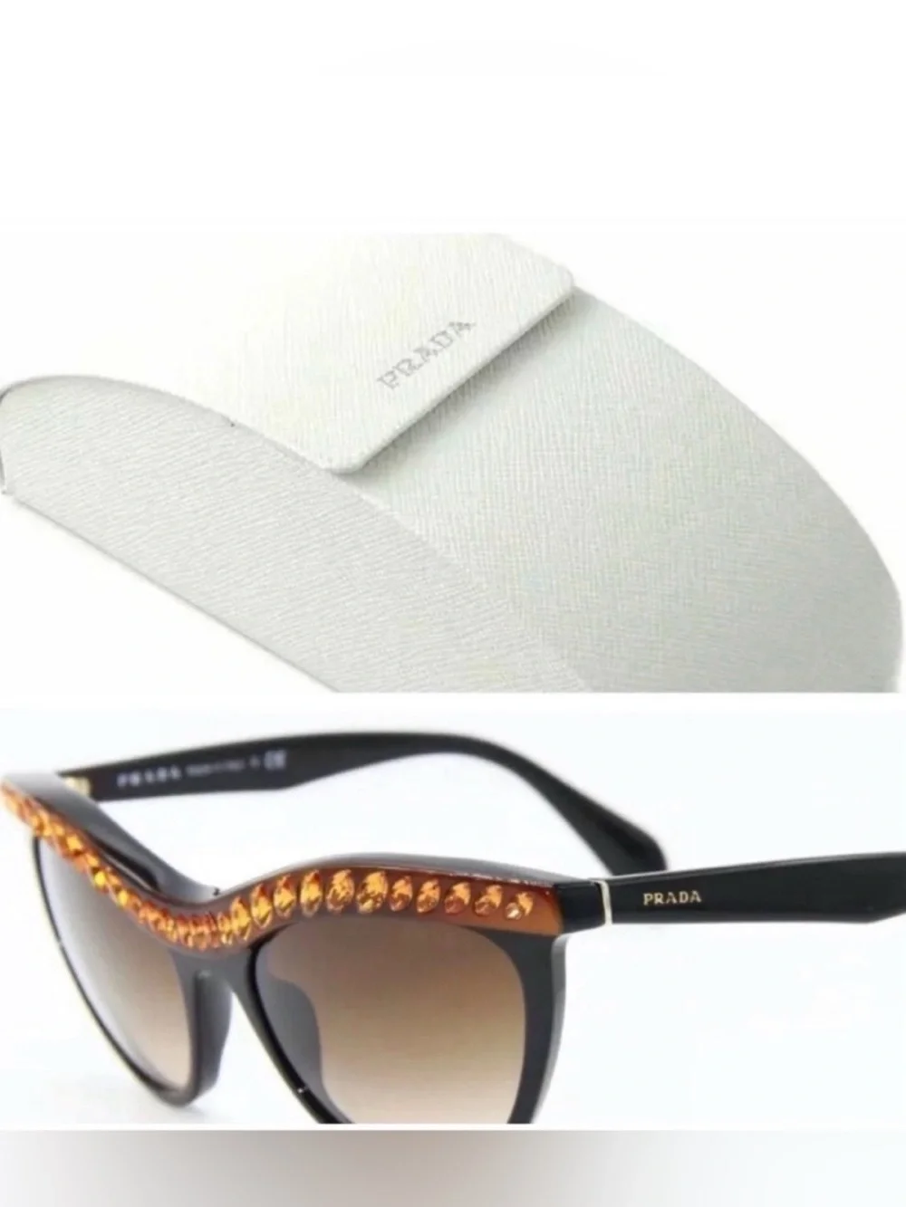 Women's PRADA Black Cat-Eye Sunglasses with Amber Crystal Trim